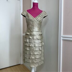 Adrianna Papell Women's hammered tier satin embroidered beaded gold dress Size 6